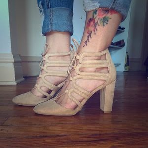 Beige chunky heels